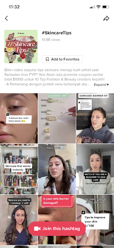 A hashtag search for #SkincareTips shows TikTok creators providing tips for facial skin care.