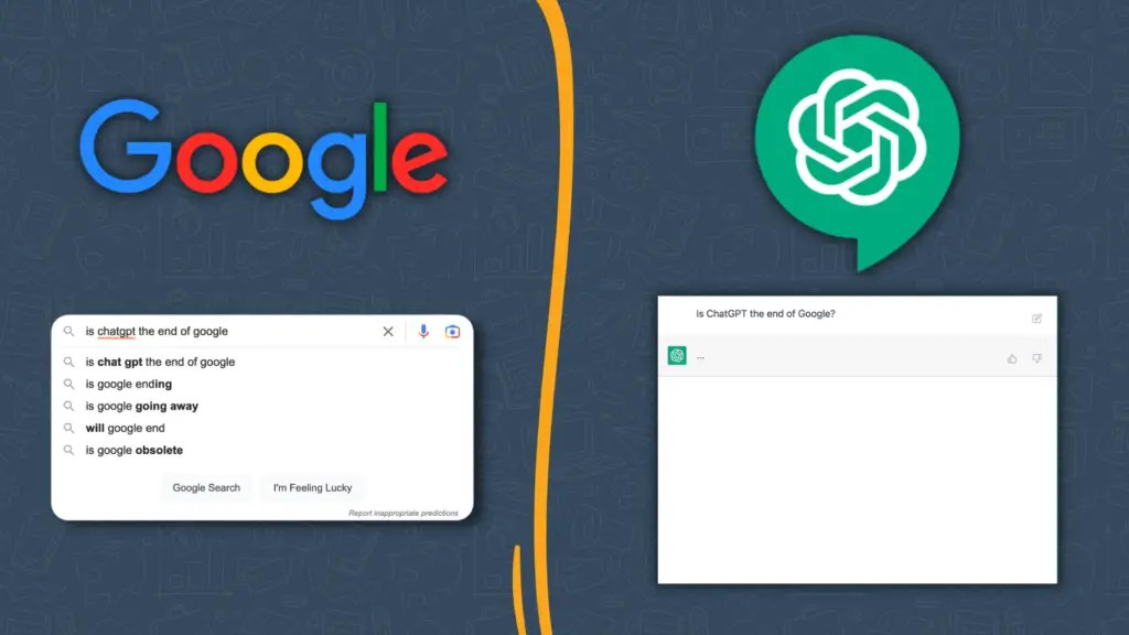 A split screen with a Google search page on the left and ChatGPT search page on the right.
