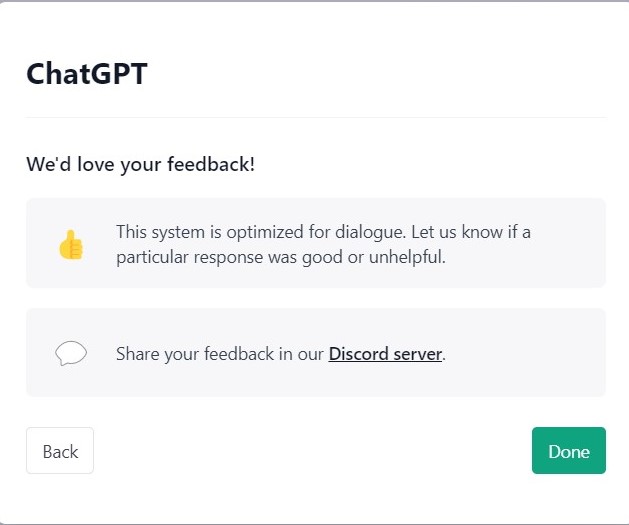 Pop-up window invites ChatGPT users to provide feedback.