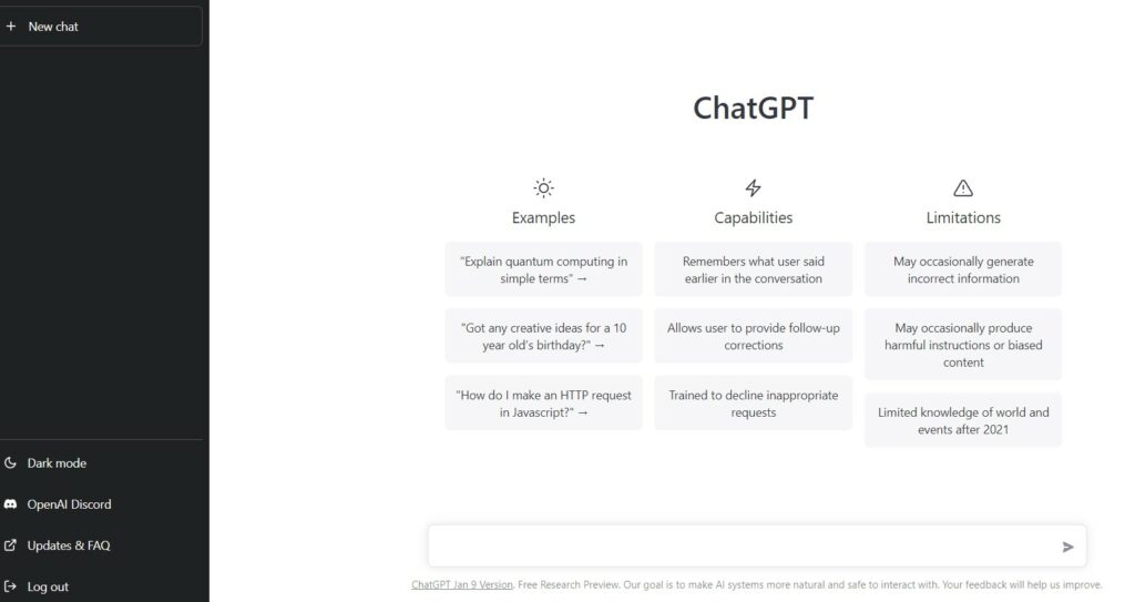 ChatGPT’s minimalist landing page with capabilities and disclaimers.