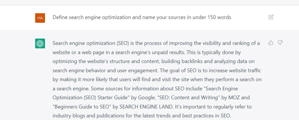 ChatGPT’s response provides 3 sources for its definition of SEO.