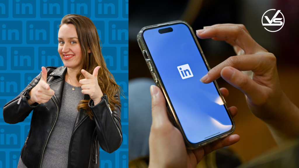 A successful candidate celebrates a new job after optimizing her LinkedIn profile, and her phone shows the platform’s logo.