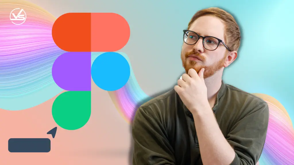 Computer-generated image with multi-color background with VS team member in front with a thinking face.