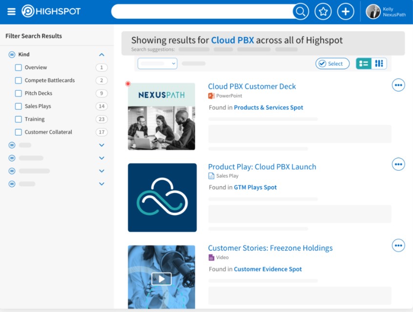A PowerPoint, sales playbook, and video stored in Highspot’s content management tool.