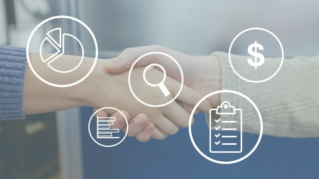 A handshake with graphic overlays representing sales.