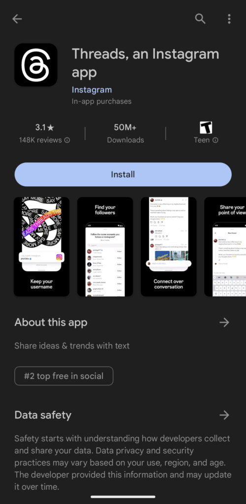 A screenshot of the Threads app in the Google Play store.