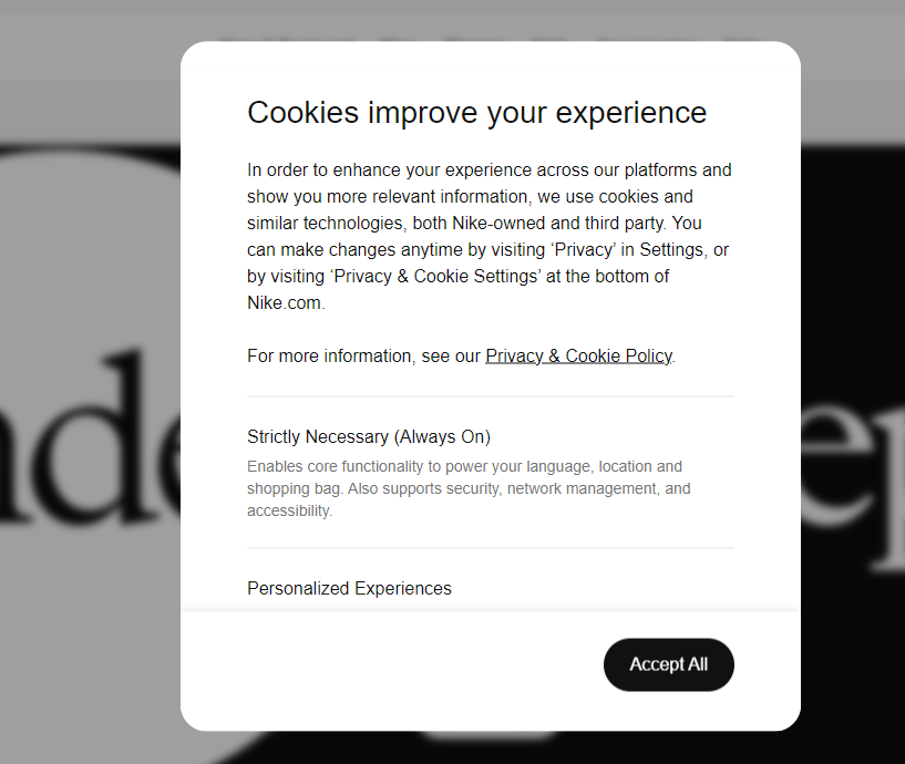 An example of a pop-up on the Nike website notifying visitors that the site uses cookies.