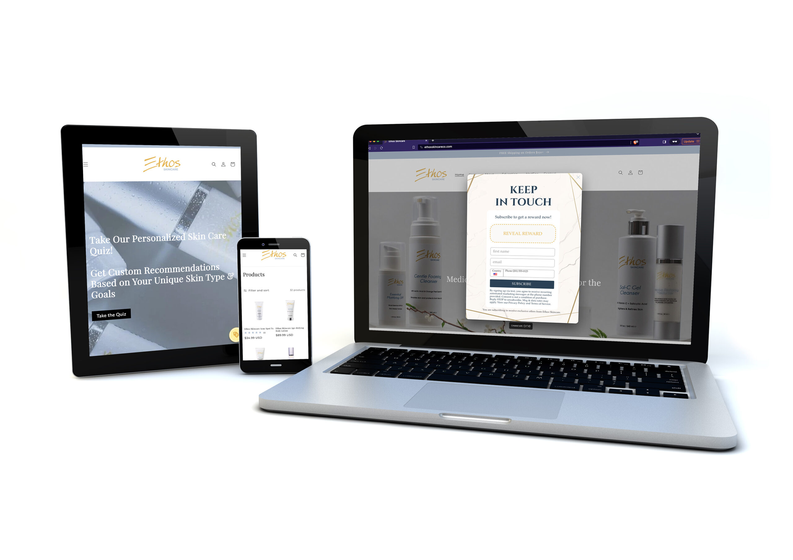 Different pages of the Ethos Skincare Co website on a laptop, tablet, and phone.